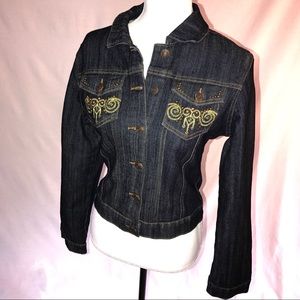 Dark Wash Gold Embroidered Bead Denim Stretch Jean Jacket Medium Embellished